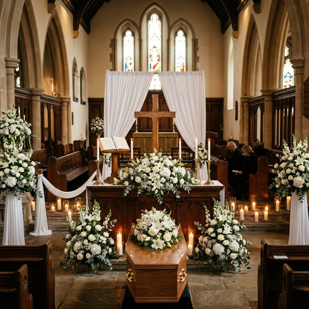 Beautiful Christian funeral ceremony with flowers and cross